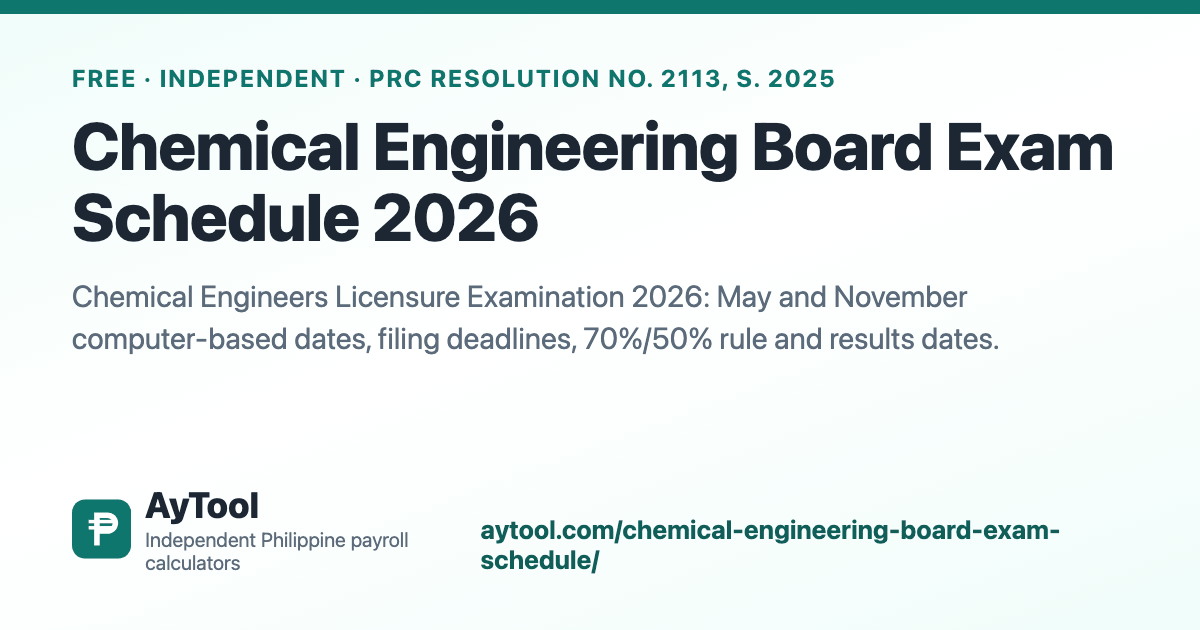 Chemical Engineering Board Exam Schedule 2026 (ChELE) — AyTool summary card