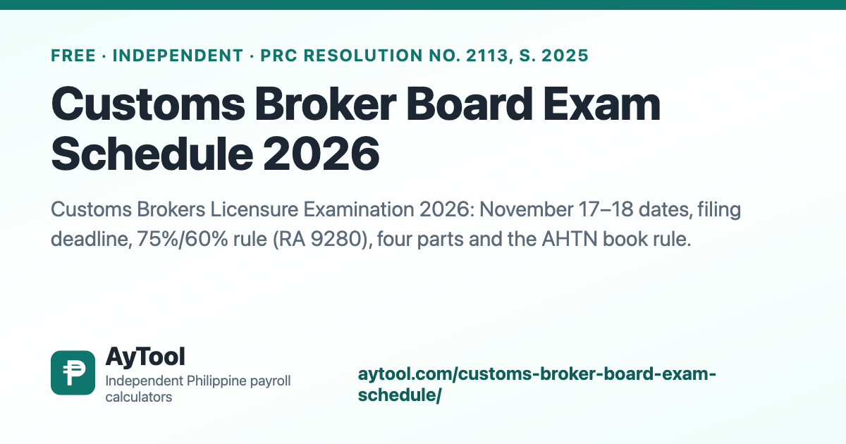 Customs Broker Board Exam Schedule 2026 (CBLE) — AyTool summary card