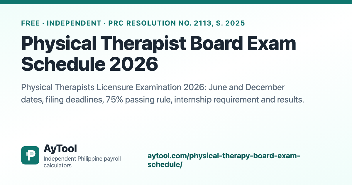 Physical Therapist Board Exam Schedule 2026 (PTLE) — AyTool summary card