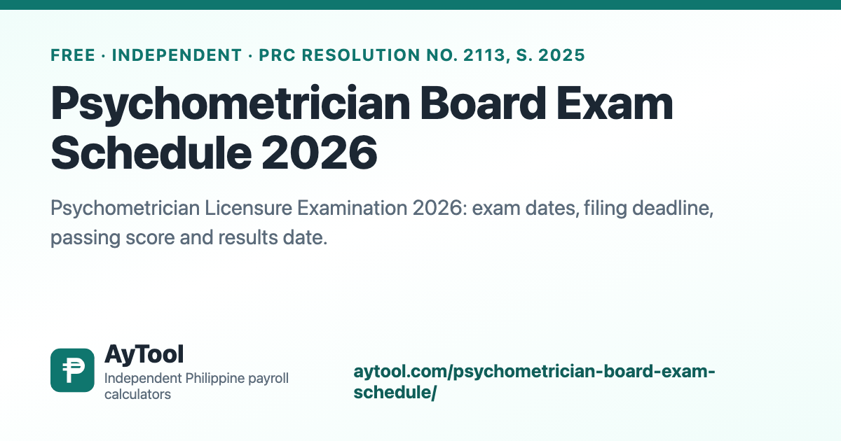 Psychometrician Board Exam Schedule 2026 (PMLE) — AyTool summary card