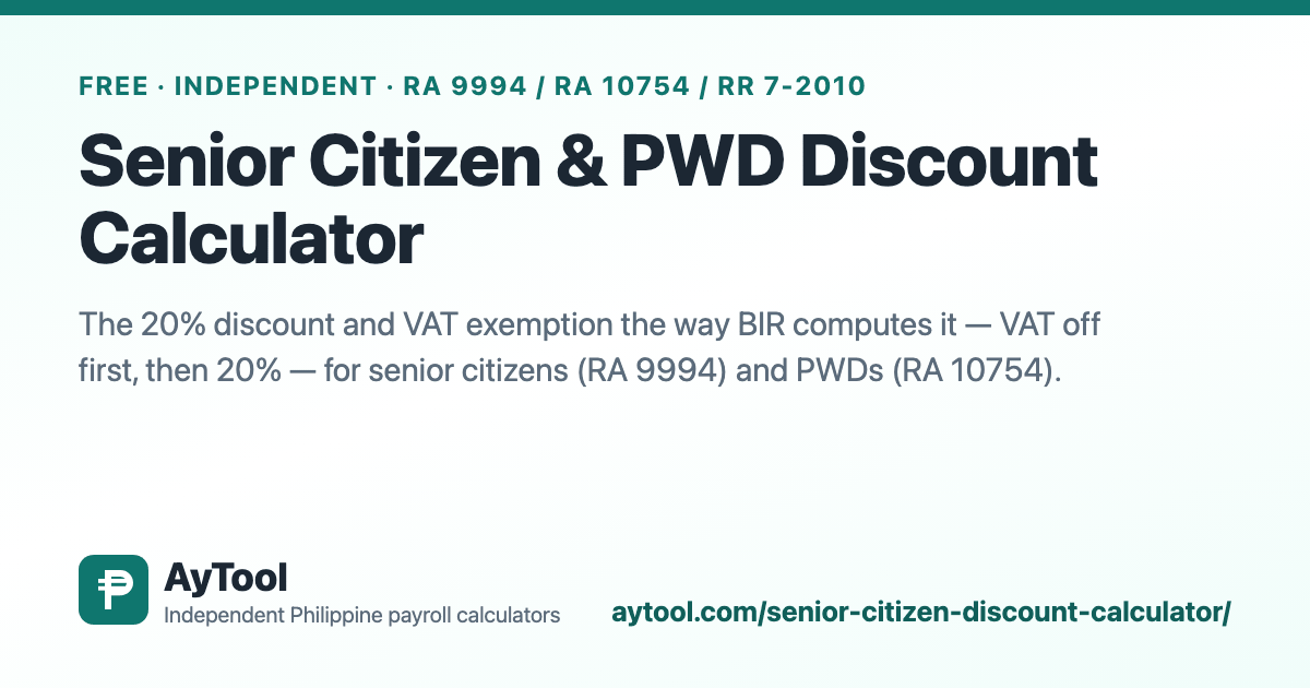 Senior Citizen and PWD Discount Calculator (20% + VAT Exemption) — AyTool summary card