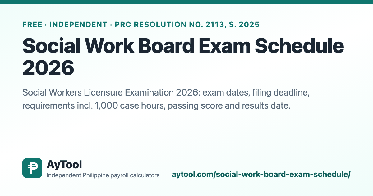 Social Work Board Exam Schedule 2026 (SWLE) — AyTool summary card